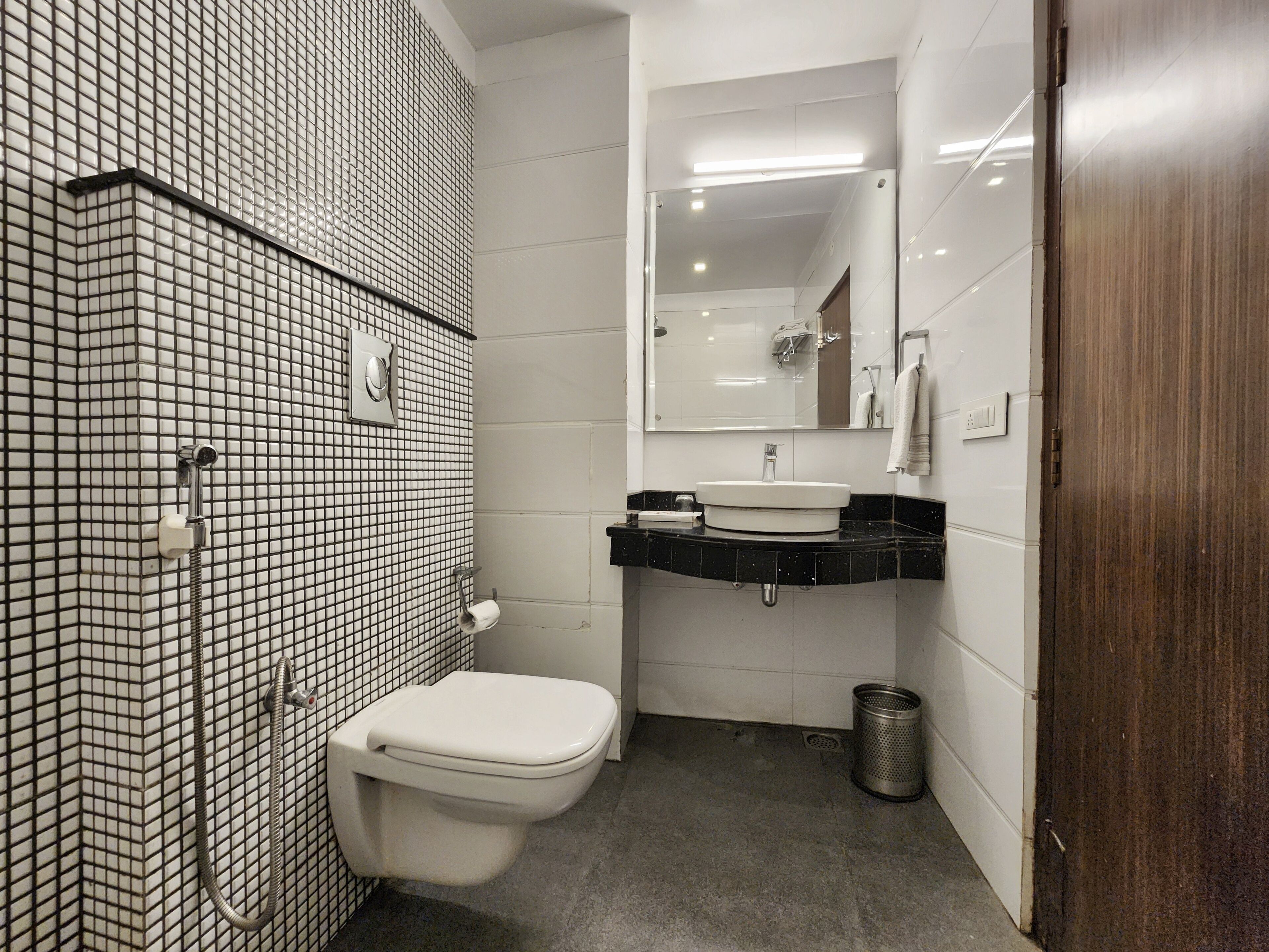 A bathroom with a toilet, sink, and mirror.