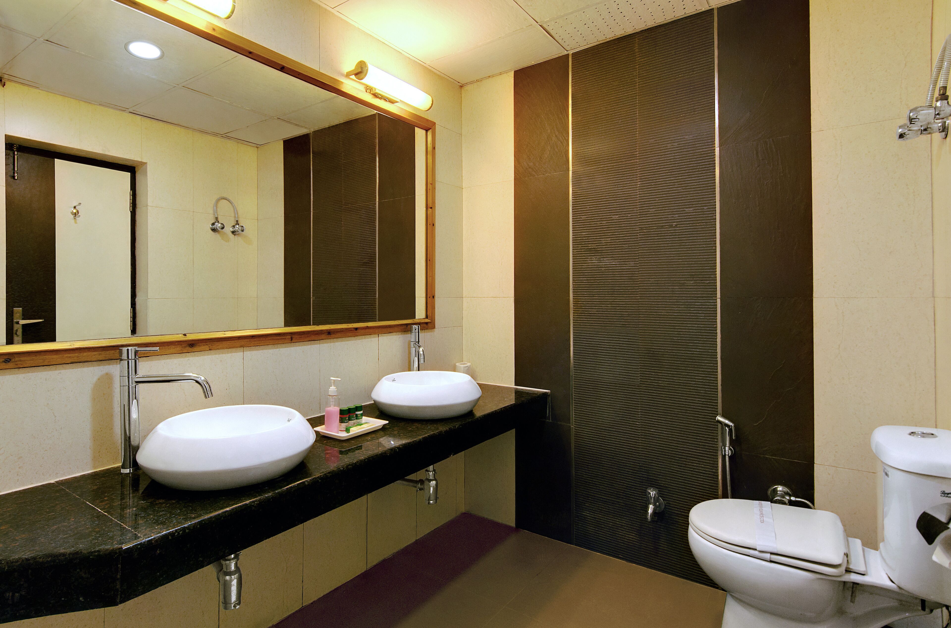 Une salle de bain moderne avec deux lavabos, un grand miroir et des toilettes.