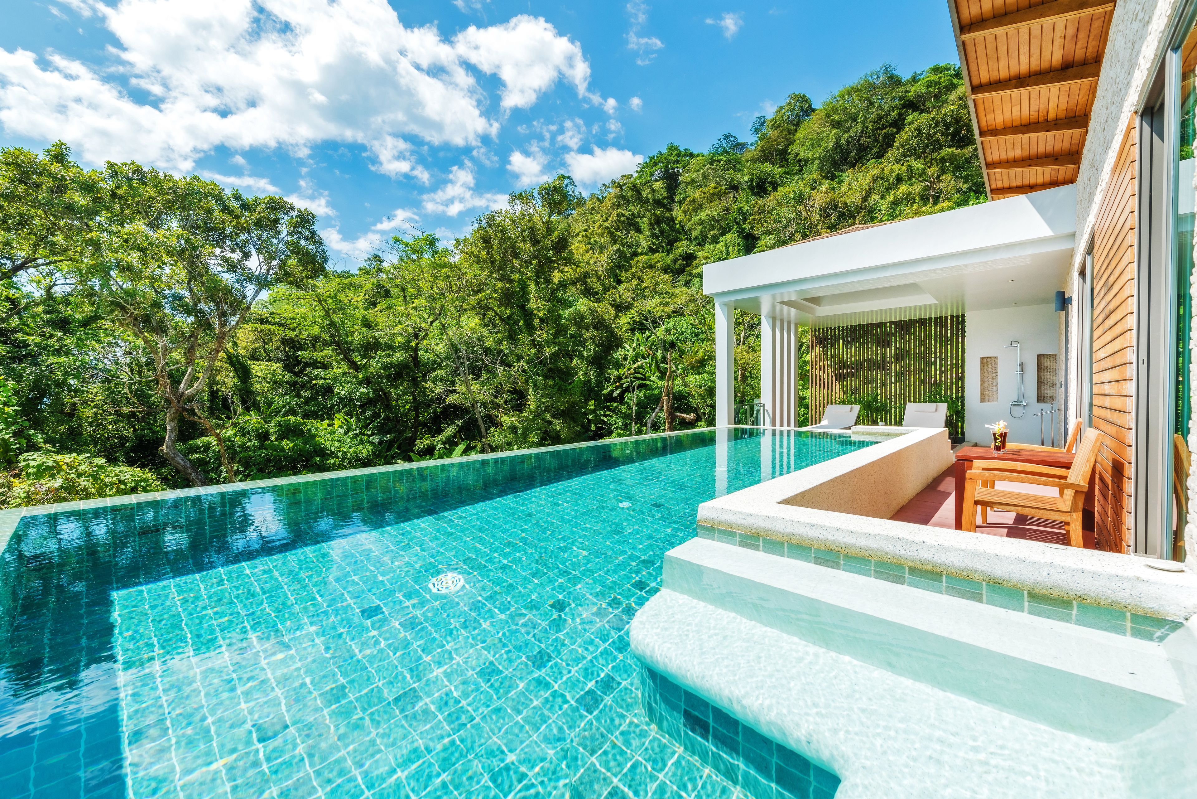 Ein moderner Infinity-Pool mit klarem, blauem Wasser, umgeben von üppigem Grün und einer Holzterrasse.