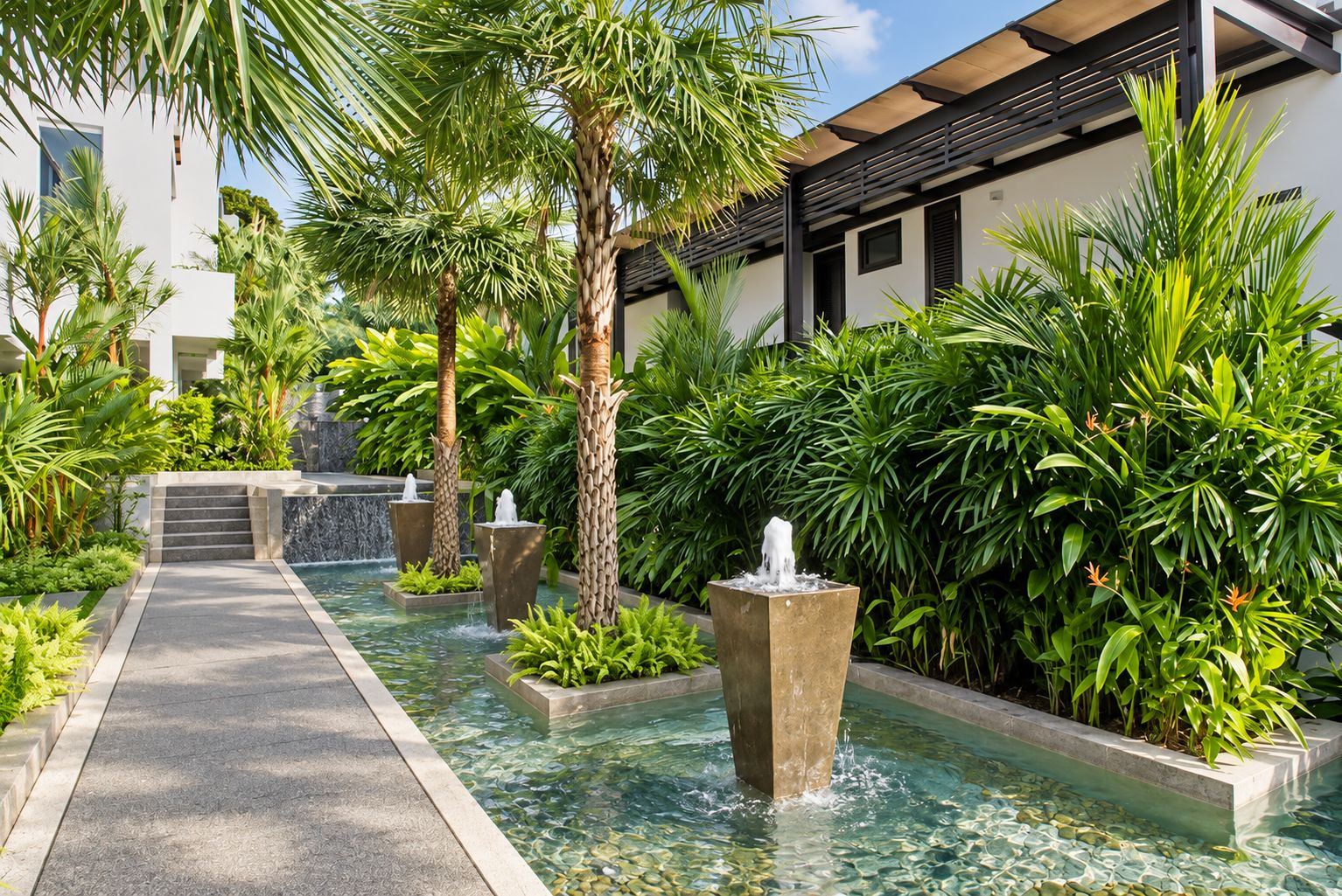 Un espacio exterior moderno con una fuente de agua, palmeras y un sendero que conduce a un edificio.