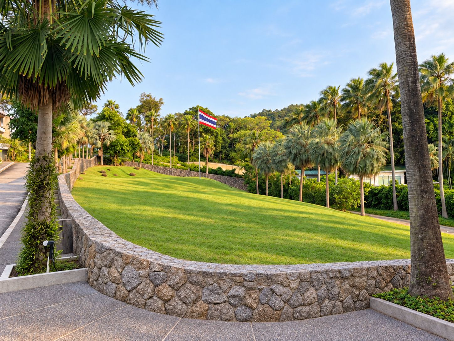 A landscaped area with a stone wall, palm trees, and a flag.