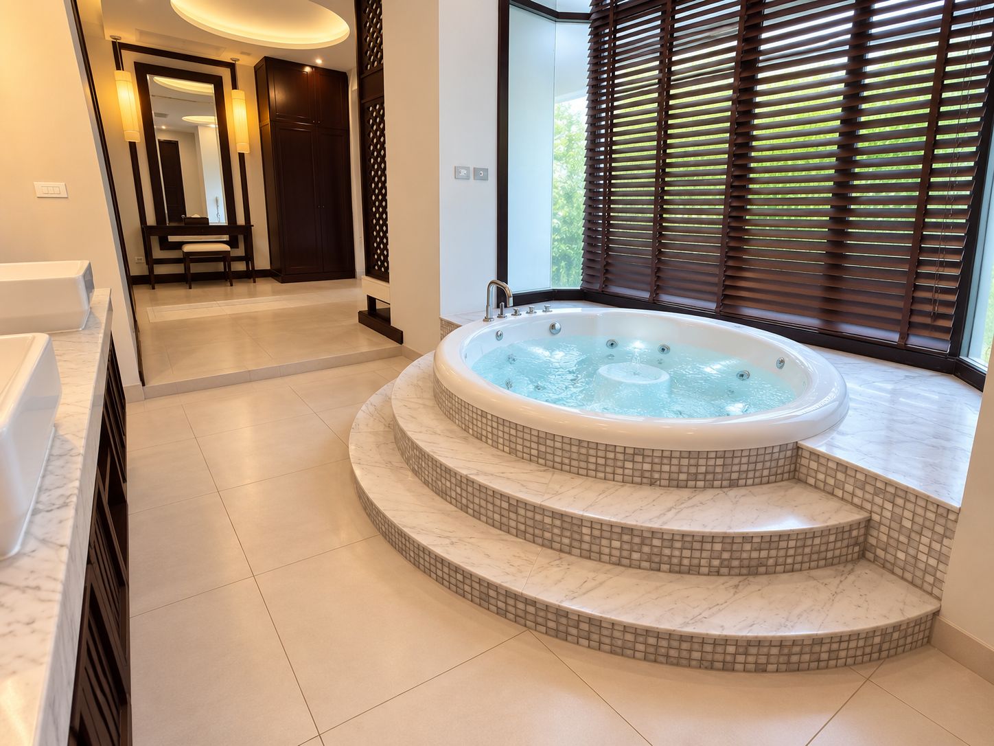A modern bathroom with a freestanding bathtub, tiled steps, and a large window with blinds.
