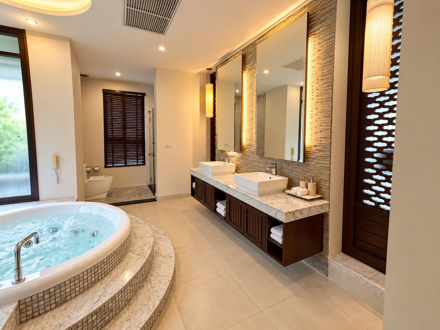 Un baño moderno con una bañera independiente, lavamanos dobles y un espejo grande.