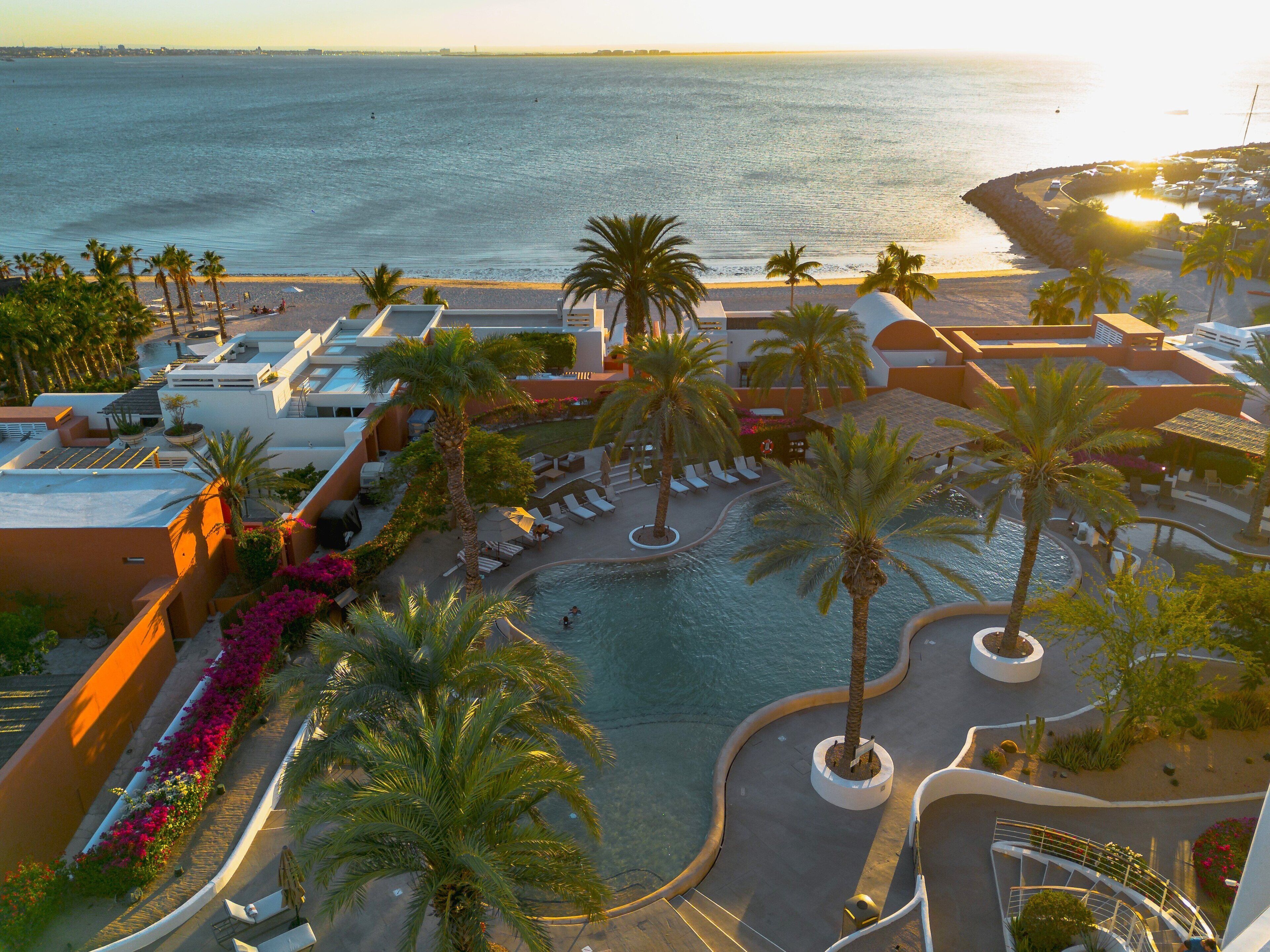 Outdoor pool, pool umbrellas, pool loungers