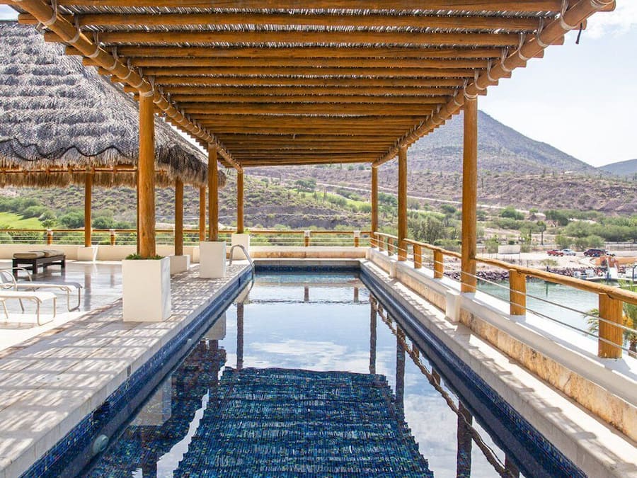 Outdoor pool, pool umbrellas, pool loungers