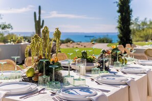 An outdoor dining table set with plates, glasses, and cutlery, with a cactus and greenery in the background.
