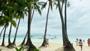 Una playa con palmeras y gente caminando.