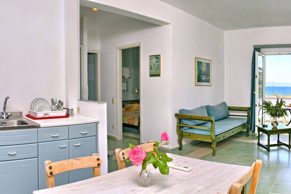 A compact living space with a kitchen, dining area, and a view of the sea.
