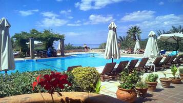 Seasonal outdoor pool, open 7:00 AM to 8:00 PM, pool umbrellas