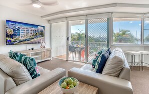 42-inch flat-screen TV with cable channels, TV