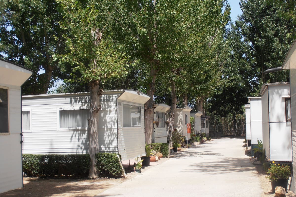 A row of mobile homes with a dirt path between them, surrounded by trees.