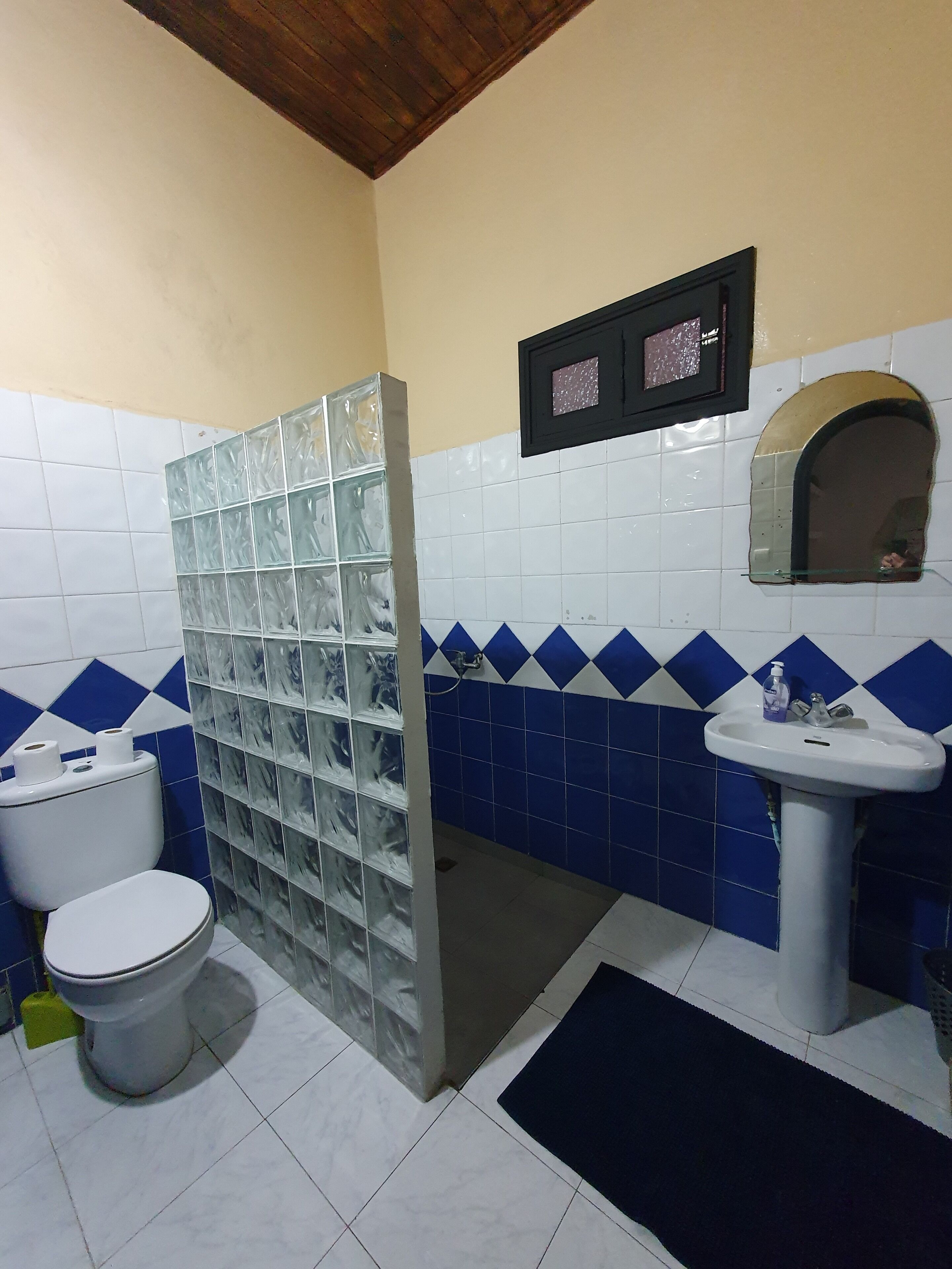 Een badkamer met toilet, wastafel en douchehoek.