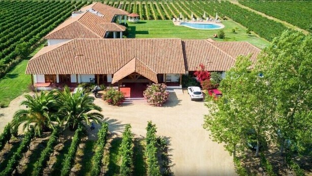 Una extensa propiedad con varias construcciones, piscina y amplios viñedos.