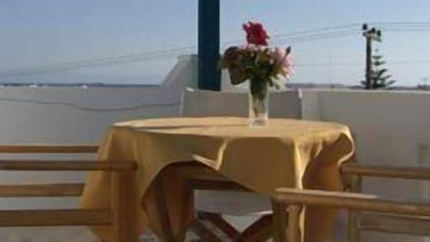 A balcony with a table and chairs, a vase with flowers, and a view of the sea.