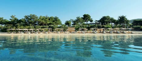 Private beach, sun loungers, beach umbrellas