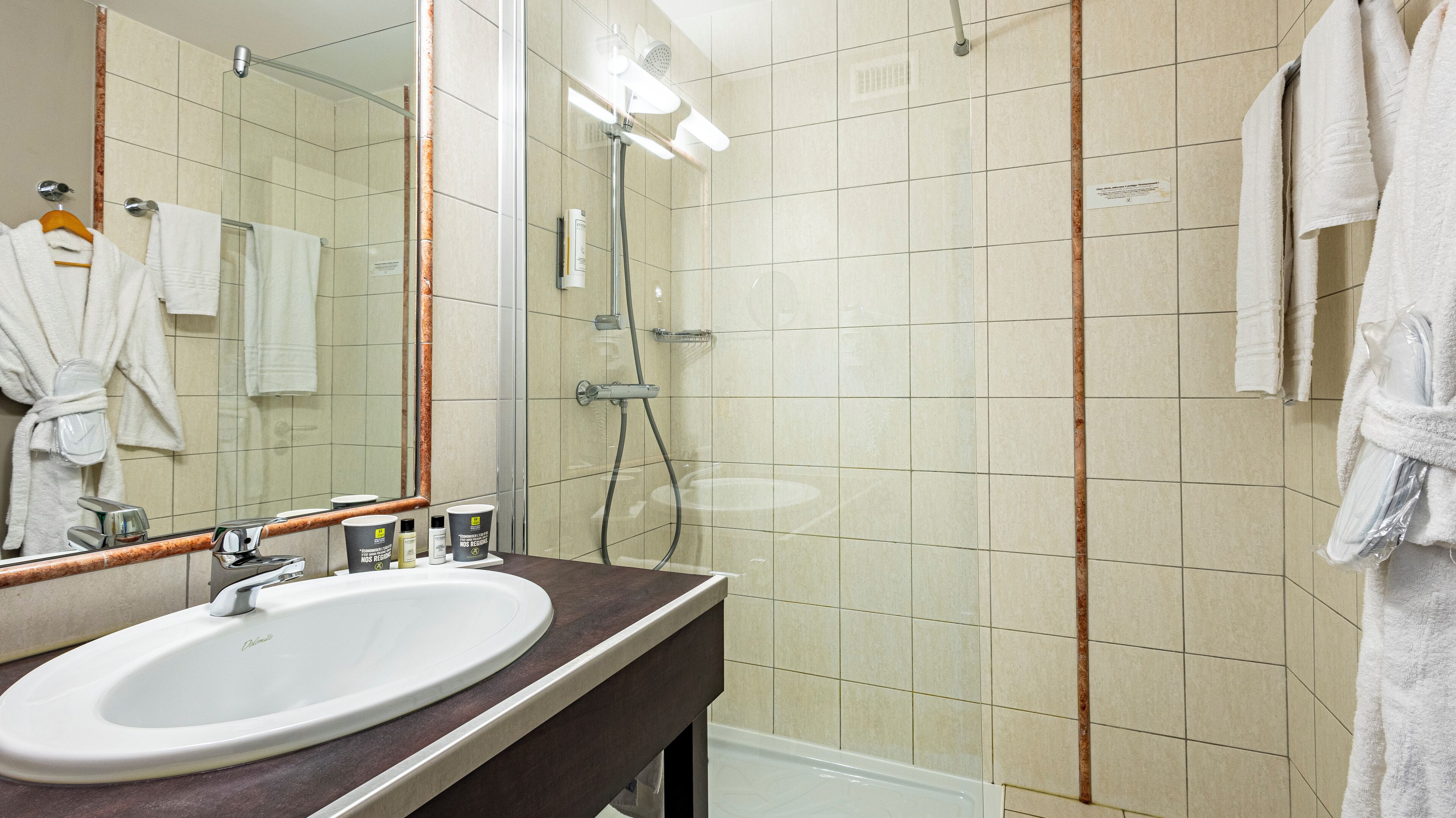 Une salle de bain avec un lavabo, un miroir et une douche.