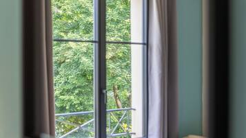 A window with a view of green foliage outside.