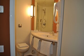 Shower, eco-friendly toiletries, hair dryer, towels