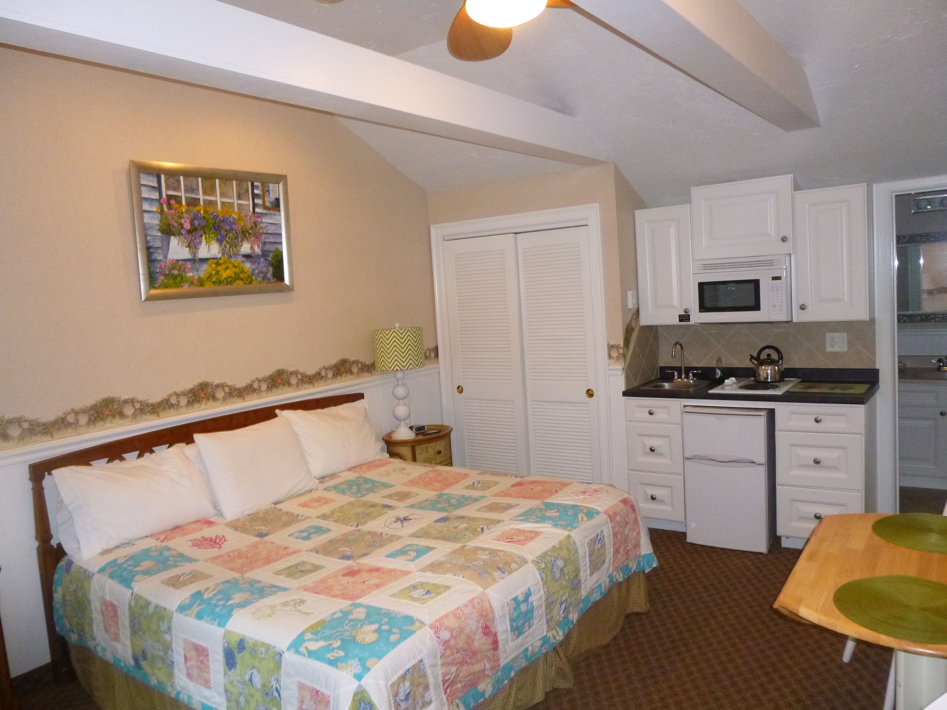 Un dormitorio con una cama, una mesita de noche, una lámpara y un cuadro en la pared. Junto a él, una kitchenette con microondas, estufa, fregadero y armarios.