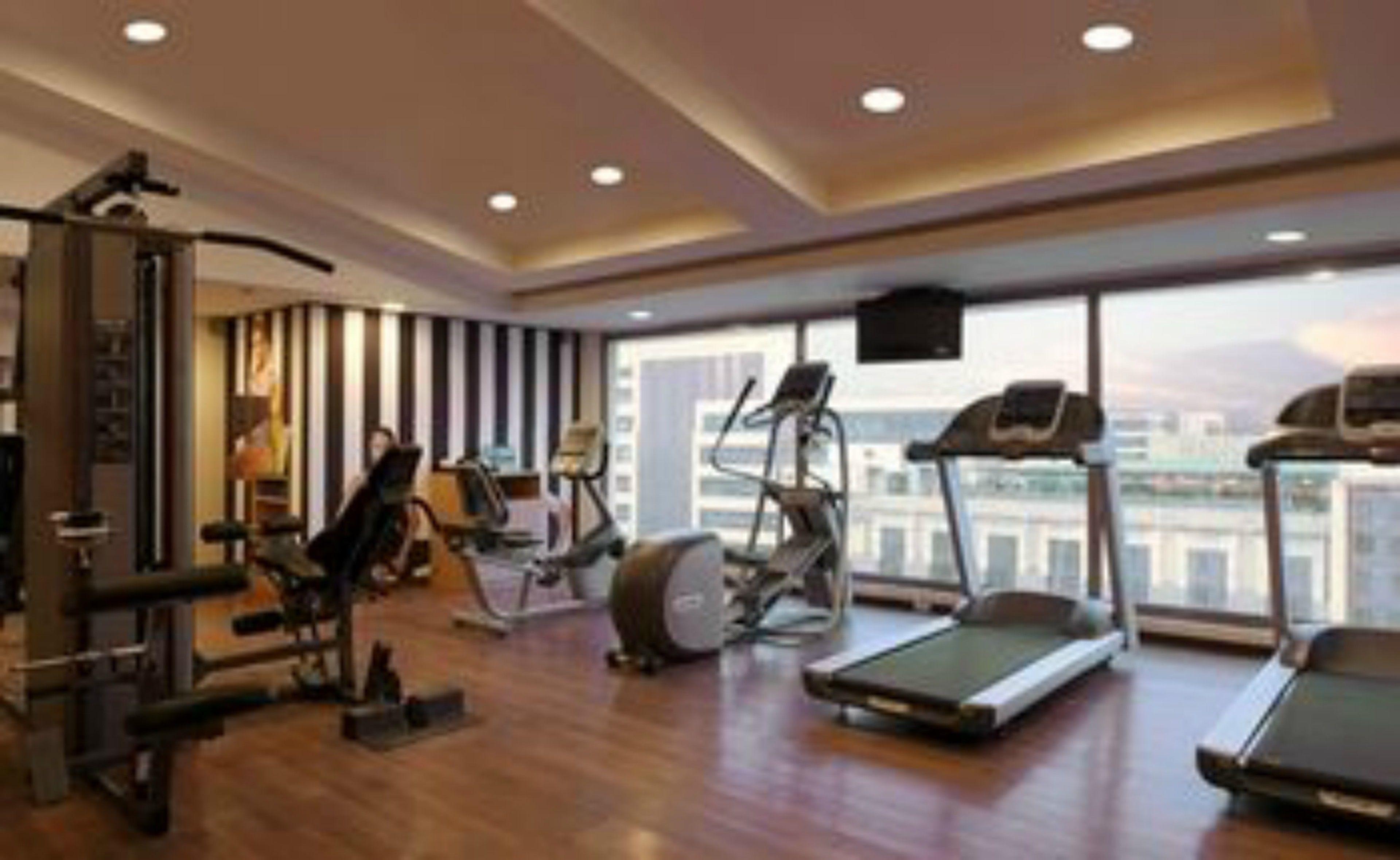 A modern gym with various exercise equipment, including treadmills and weight machines, and large windows offering a city view.