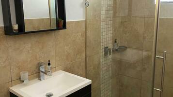 Une salle de bain avec une douche à parois de verre, un meuble-lavabo avec un miroir et un évier.