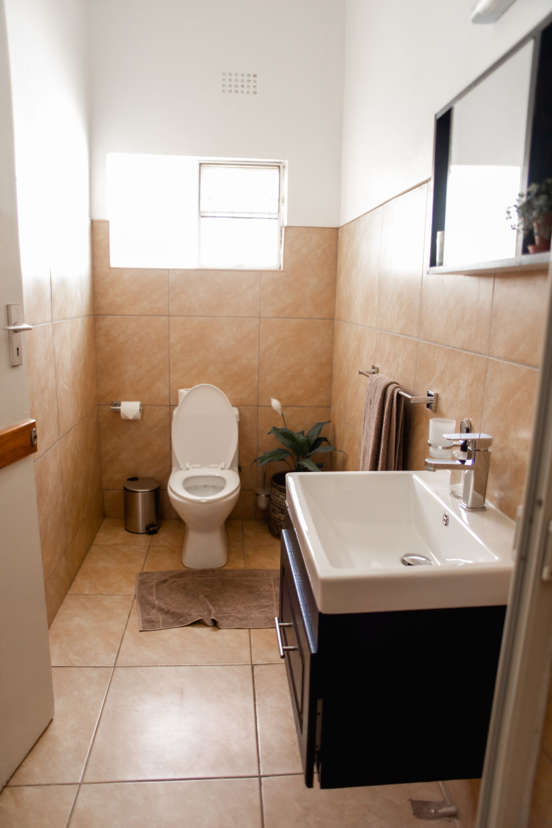Een kleine badkamer met toilet, wastafel en spiegel.