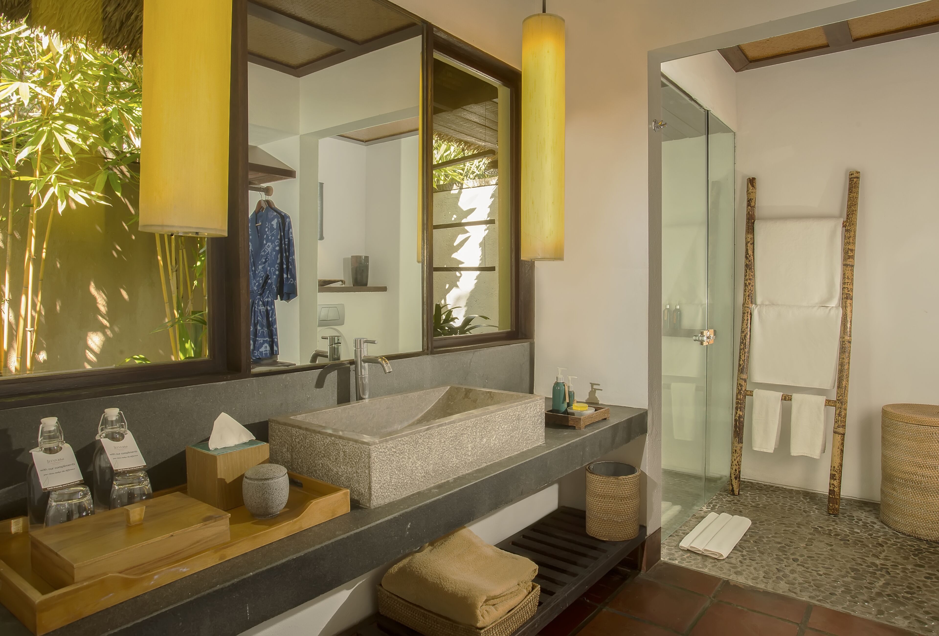 hair dryer, bathrobes, slippers, towels