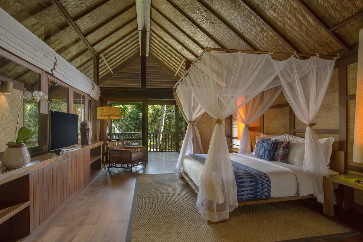 A room with a bed under a canopy, a television, a desk, and a view of the outdoors.
