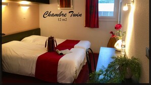A twin room with a bed, a desk, a TV, a window with curtains, and a wall-mounted sign indicating the room size. - Hôtel du Parc (Limoges)