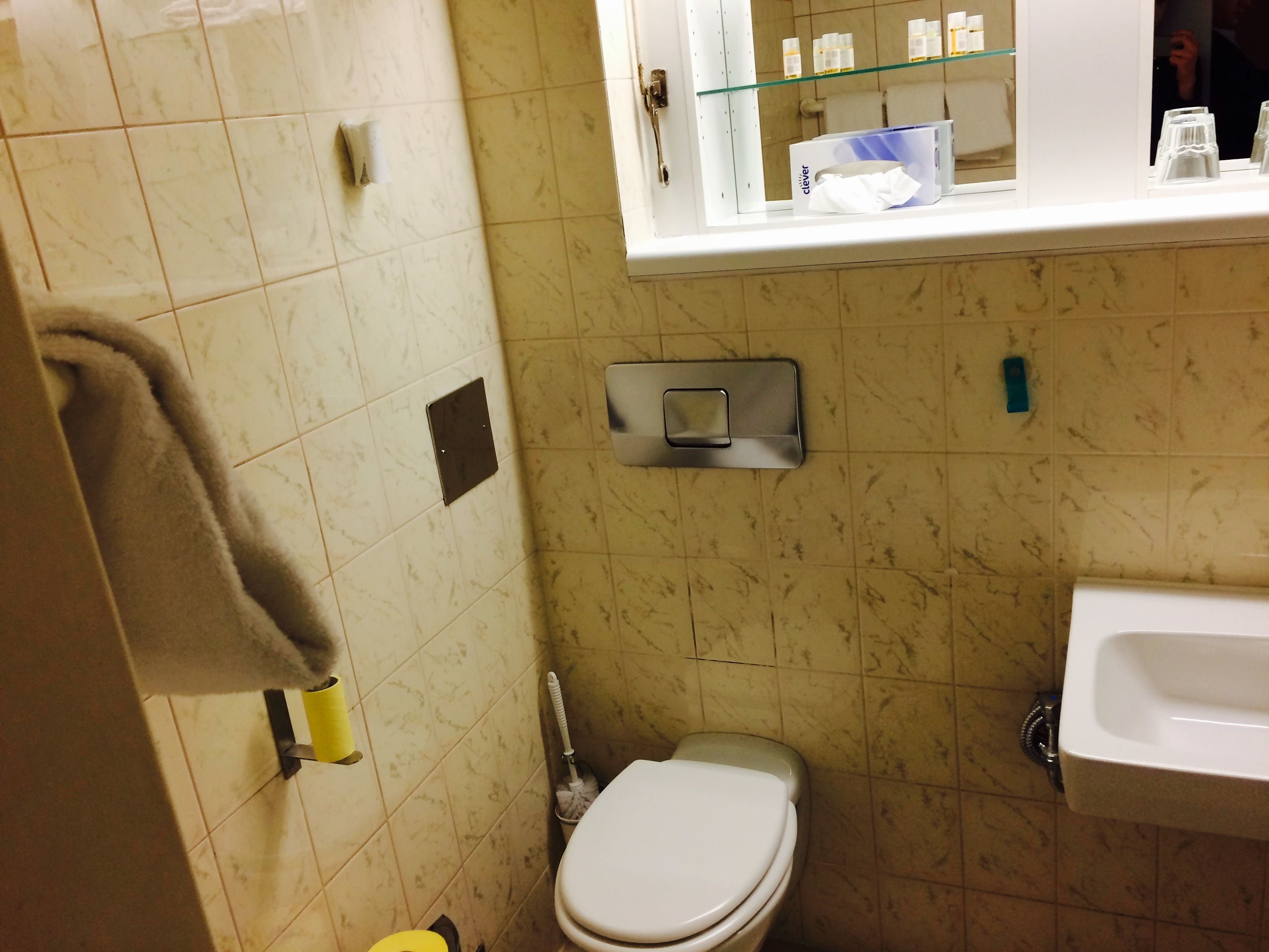 Une salle de bain avec des toilettes, un lavabo et une étagère en verre au-dessus du lavabo.