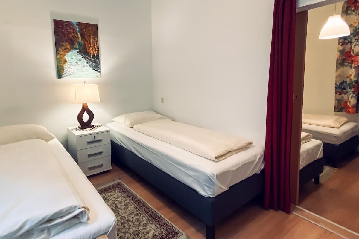 Una habitación de hotel con dos camas individuales, una mesita de noche con lámpara, una alfombra pequeña y un cuadro en la pared.