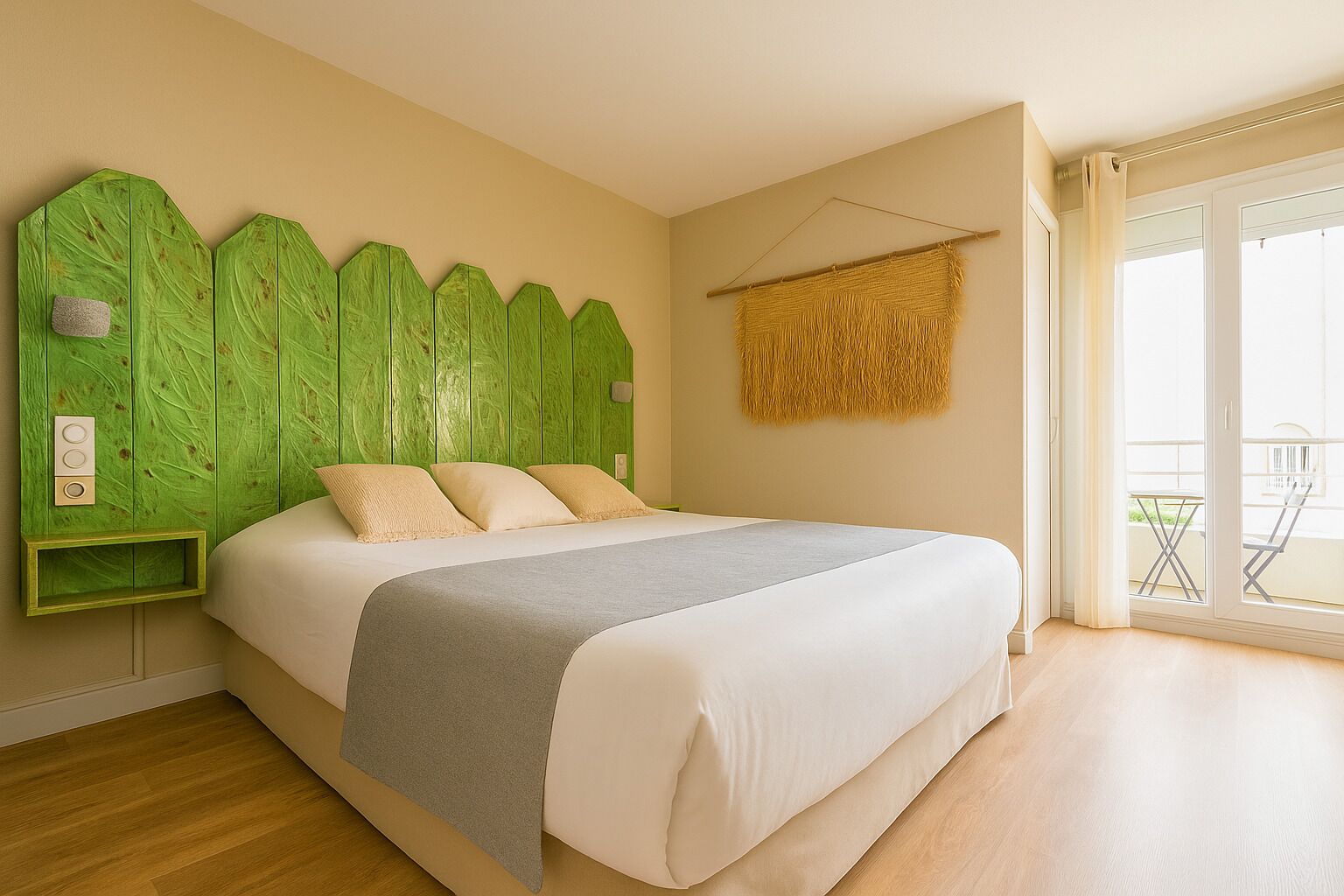 A bedroom with a bed, a green wall headboard, a small bedside table, a hanging basket, and a balcony with a chair.