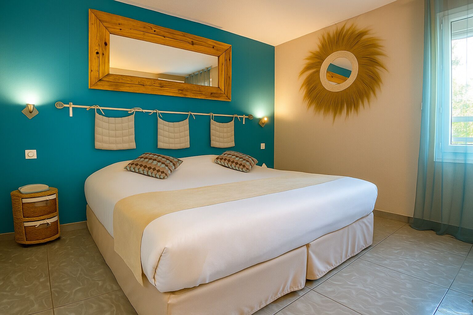 A bedroom with a bed, a wooden-framed mirror, wall-mounted towel racks, and a sunburst mirror decoration.
