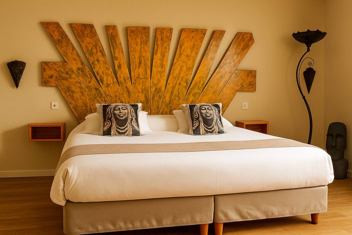 Une chambre avec un grand lit, deux oreillers à motifs, une tête de lit en bois, une table de chevet et une sculpture fixée au mur.