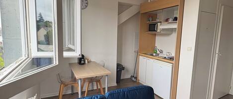 A compact living space with a kitchenette, a dining area, and a sofa.