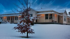 Una casa de dos pisos con tejado cubierto de nieve y un árbol pequeño al frente.