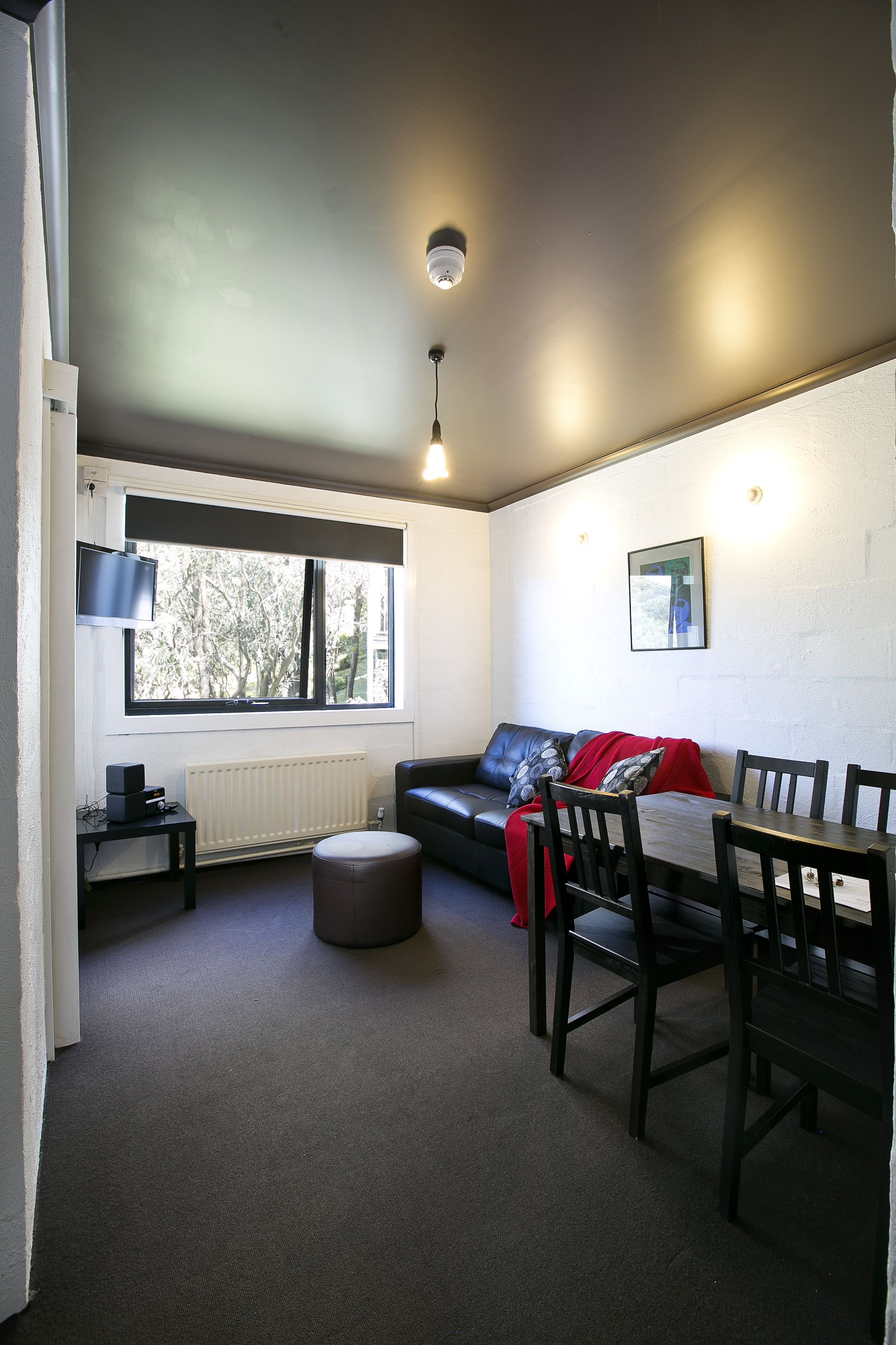 A living room with a sofa, a dining table, chairs, a radiator, a window, and a television.