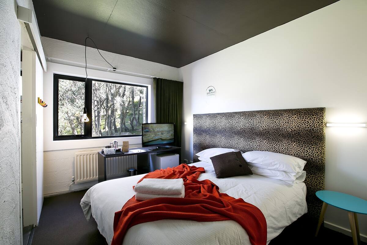 A modern hotel room with a large bed, a desk with a computer, a window with a view of trees, and a leopard print headboard.