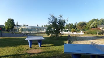 Een buitengebied met twee pingpongtafels, een overdekte kas en een boom.