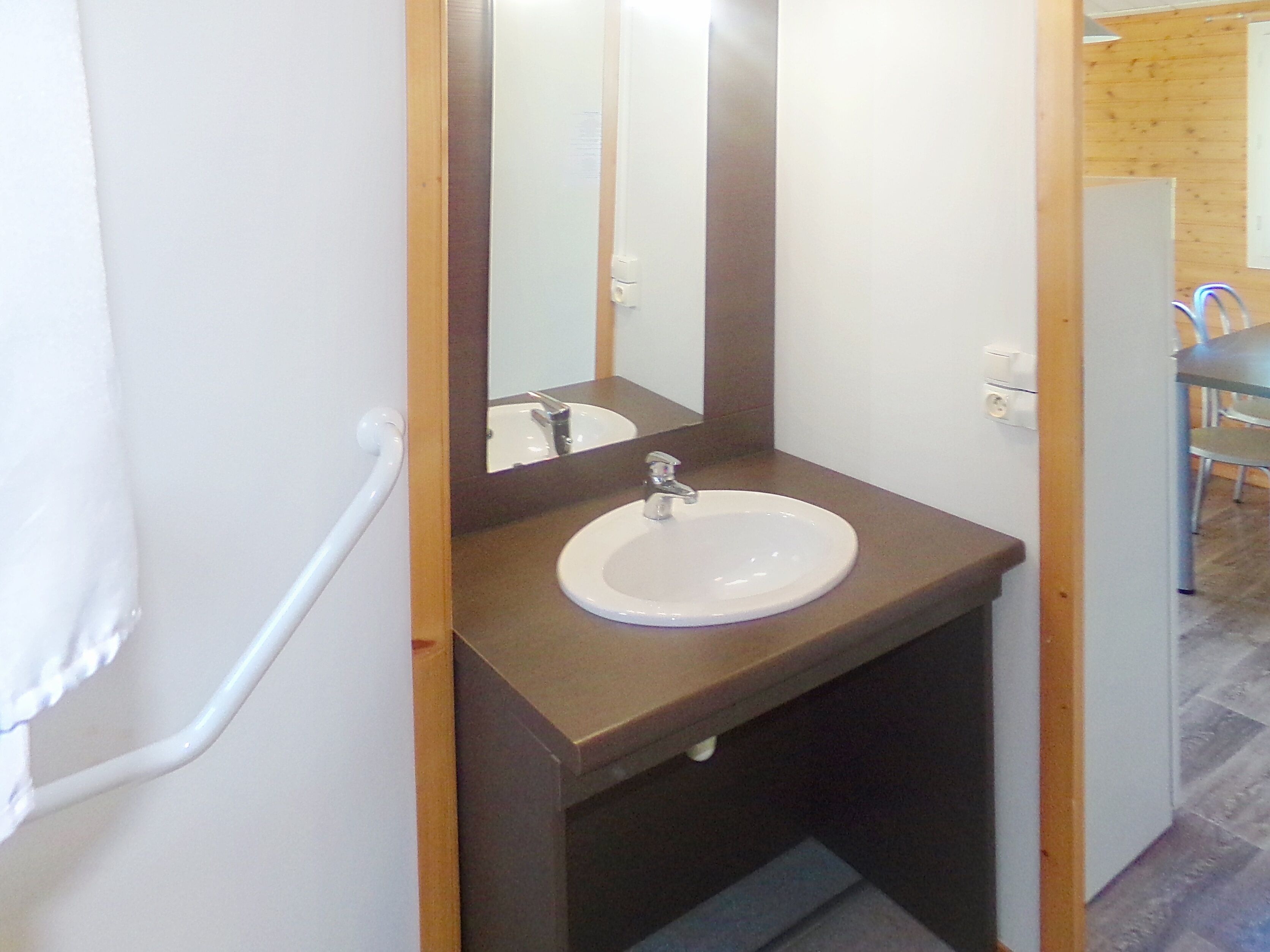 A bathroom with a white sink, a mirror, and a wooden vanity.