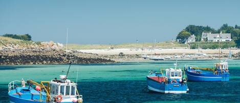 A coastal scene with boats anchored near a rocky shore.