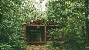 Una pequeña cabaña de madera rodeada de un bosque frondoso.