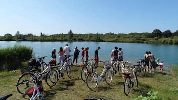 Un groupe de personnes se trouve près d’un lac, avec des vélos garés à proximité.