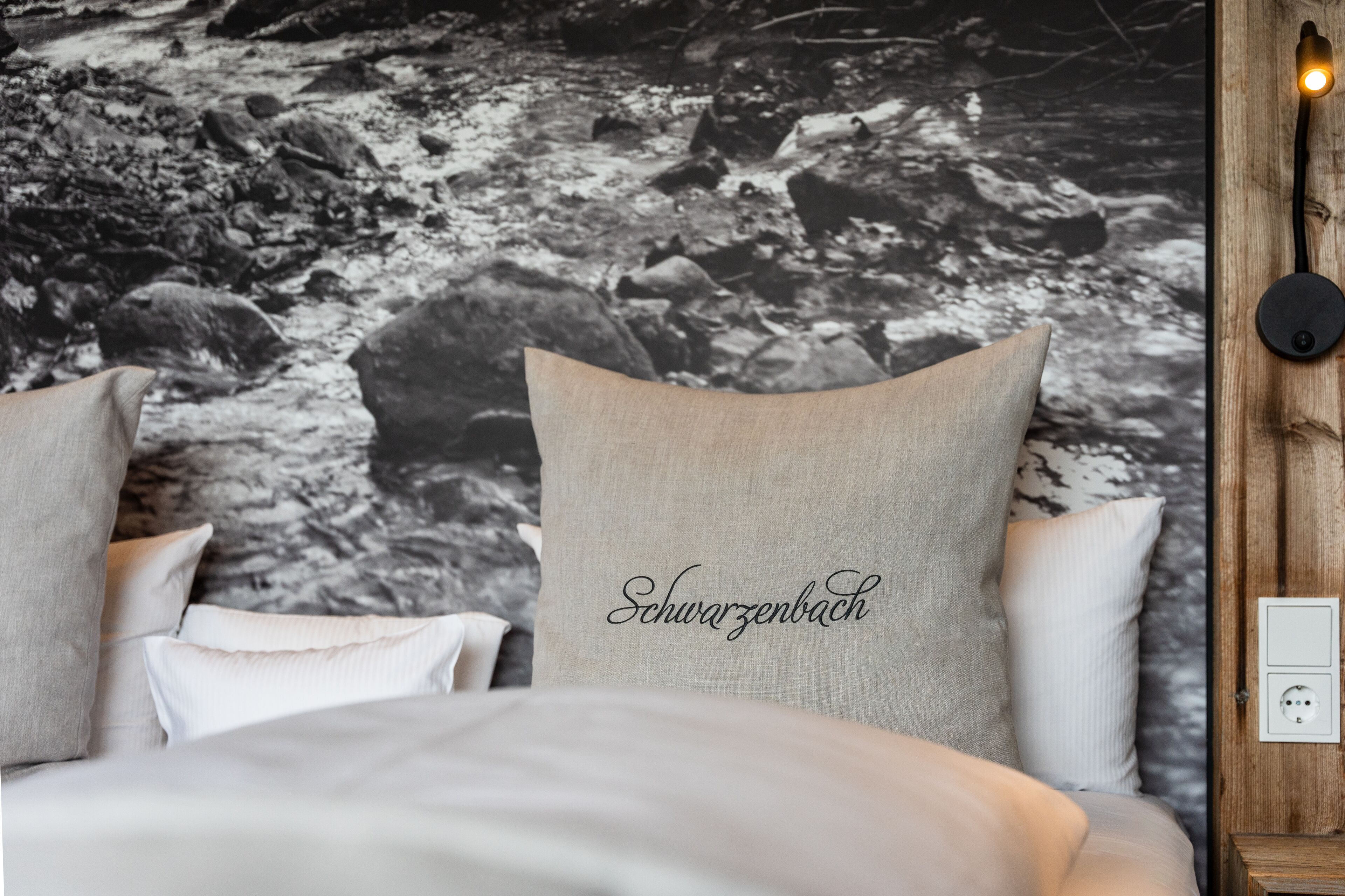 Une chambre à coucher avec un lit, des oreillers, une lampe fixée au mur et une prise de courant.