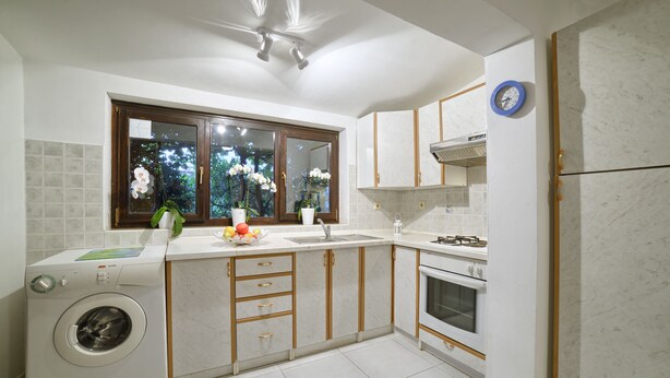 Una cocina moderna con lavadora integrada, una ventana con flores y un reloj en la pared.