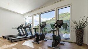 Ein Fitnessraum mit Laufbändern und Crosstrainern, großen Fenstern mit Blick auf eine bewaldete Landschaft und einer Zimmerpflanze.