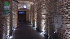 A narrow brick corridor with a television screen mounted on the wall, a tiled floor, and decorative lighting along the path.