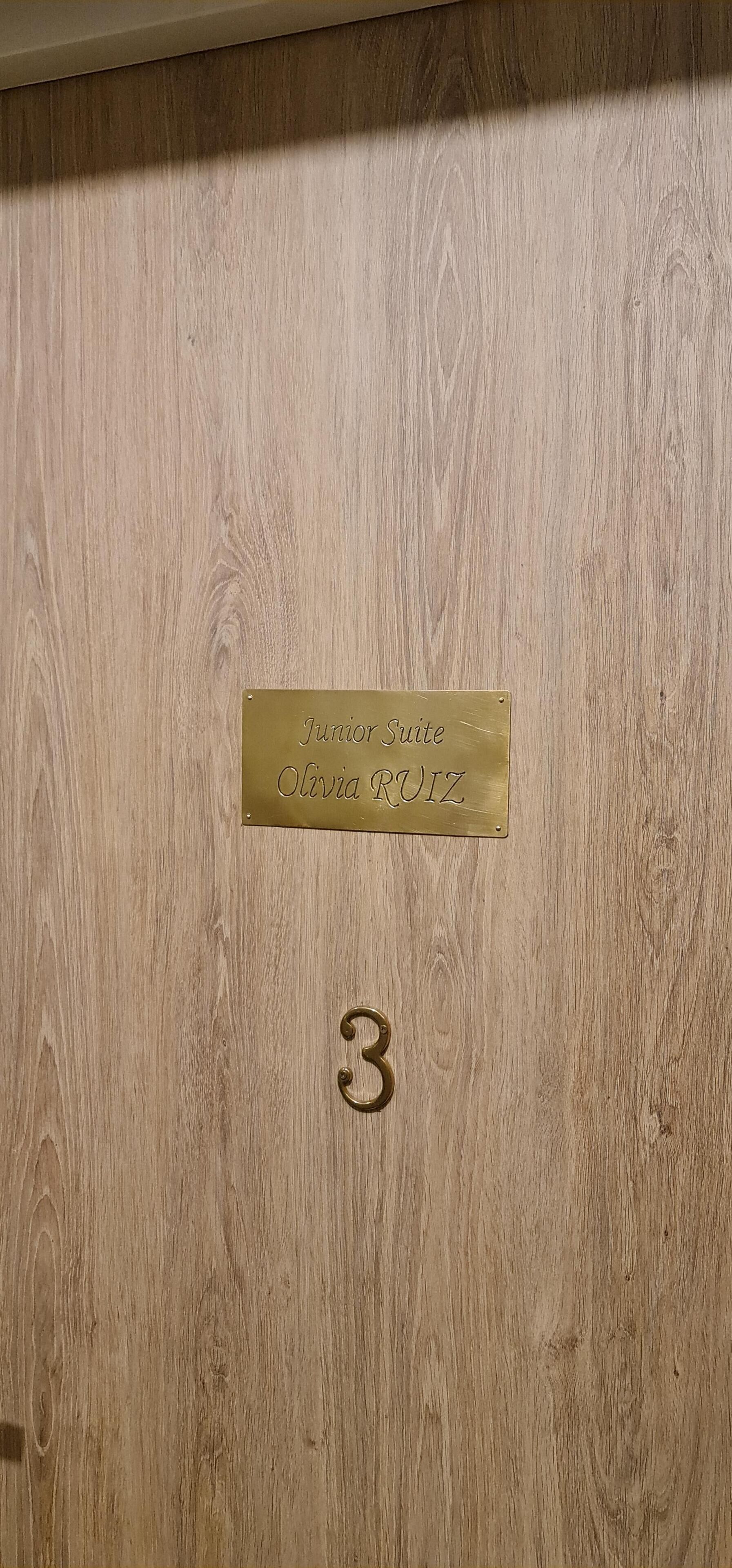 A brass plaque with "Junior Suite Olivia R. 17" on a wooden door, and the number "3" below it.