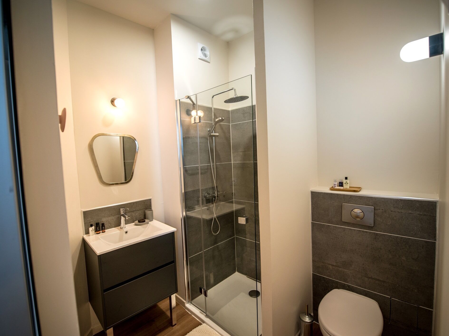 A modern bathroom with a glass-enclosed shower, a vanity with a mirror, and a toilet.