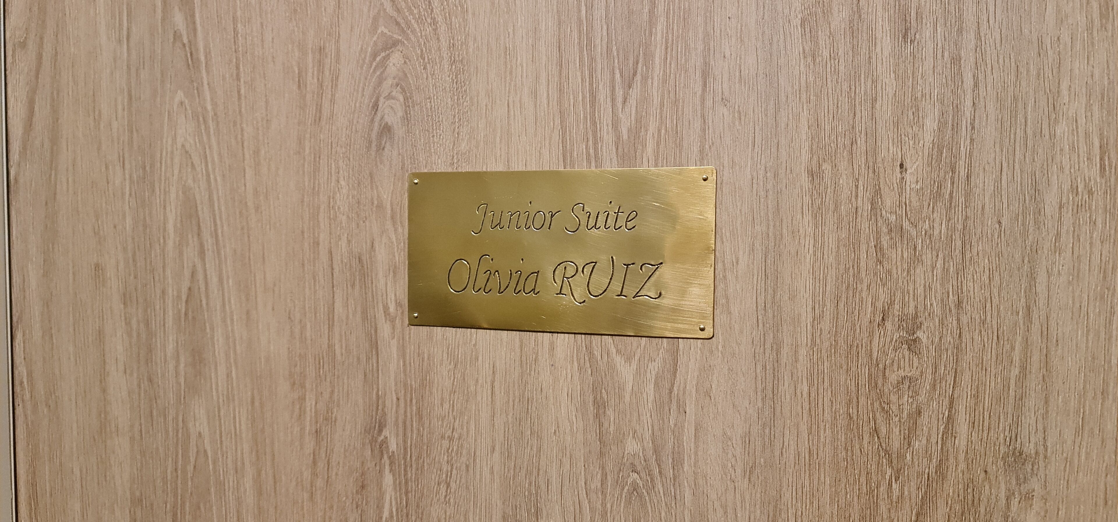 A brass plaque on a wooden door with the text "Junior Suite Olivia P. JZ".